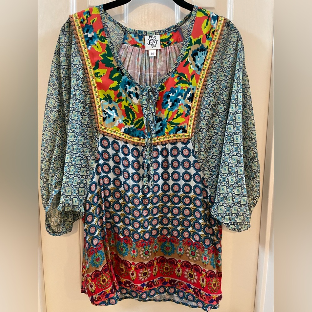 Ivy Jane Multi-Color Boho Print Split-Neck Women's Top